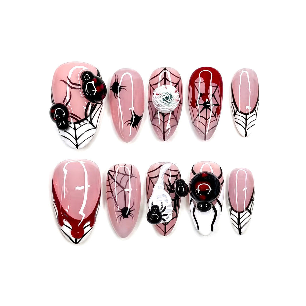 Widow's Lair | 3D Spider Blood Drip Medium Almond Press-On Nails - SE-HA-F004