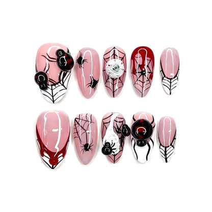 Widow's Lair | 3D Spider Blood Drip Medium Almond Press-On Nails - SE-HA-F004