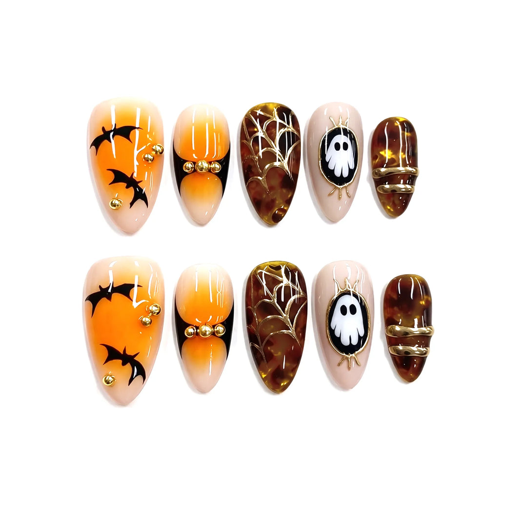 Ghostly Amber | Amber Marble Ghost Medium Almond Press-On Nails - NA-HA-F001