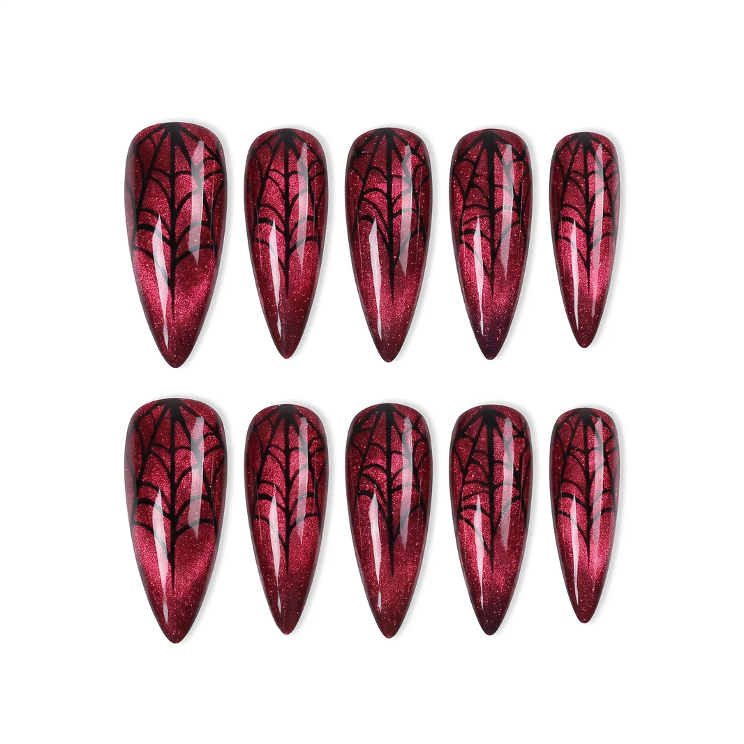 Vampire Velvet | Ruby Cat-Eye Spiderweb Medium Stiletto Press-On Nails - SE-HA-F011