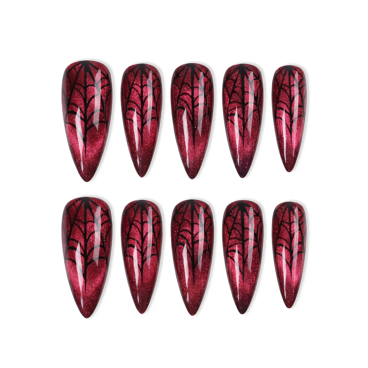 Vampire Velvet | Ruby Cat-Eye Spiderweb Medium Stiletto Press-On Nails - SE-HA-F011