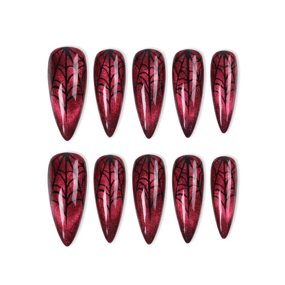 Vampire Velvet | Ruby Cat-Eye Spiderweb Medium Stiletto Press-On Nails - SE-HA-F011