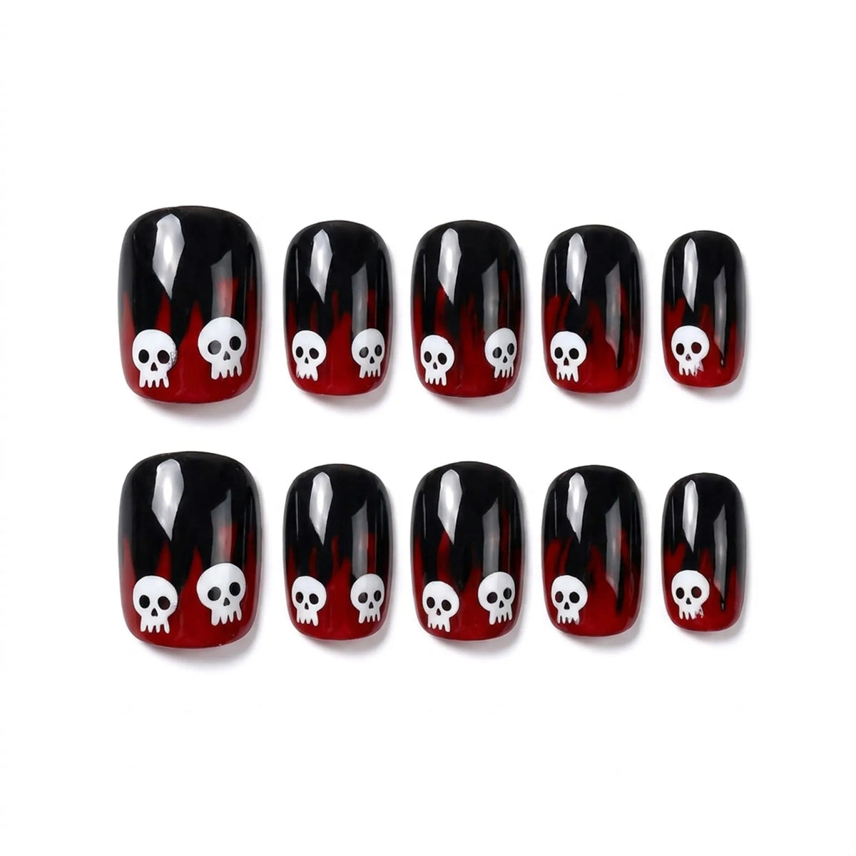 Skull Flare | Crimson Flame Skull Short Square Press-On Nails - SE-HA-F009