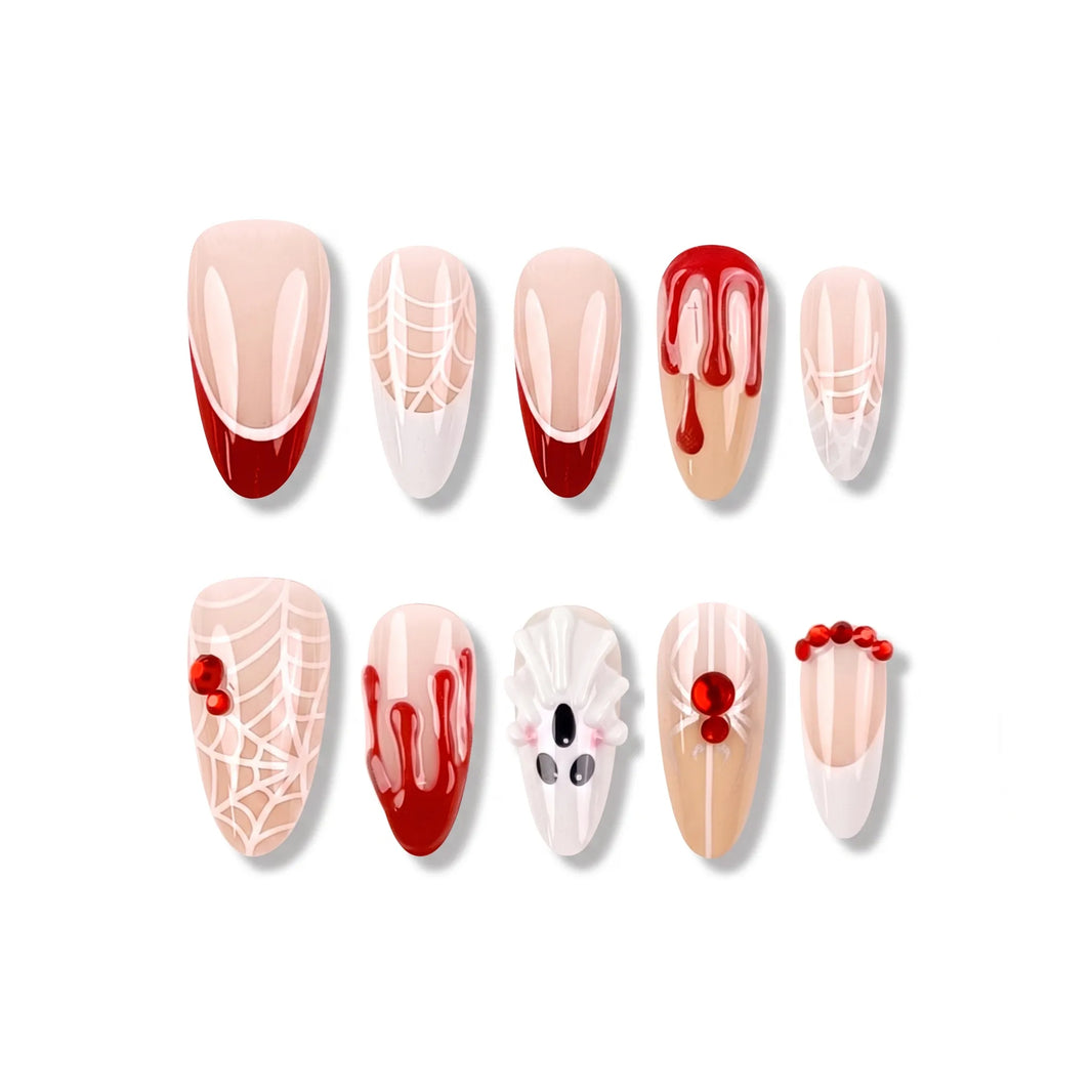 Crimson Phantom | Blood Drip Ghost Medium Almond Press-On Nails - NA-HA-F002