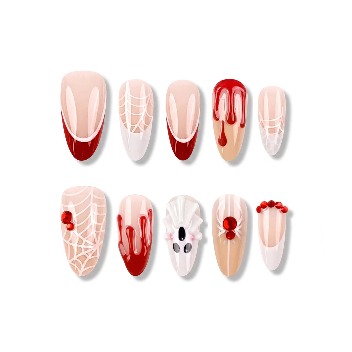 Crimson Phantom | Blood Drip Ghost Medium Almond Press-On Nails - NA-HA-F002