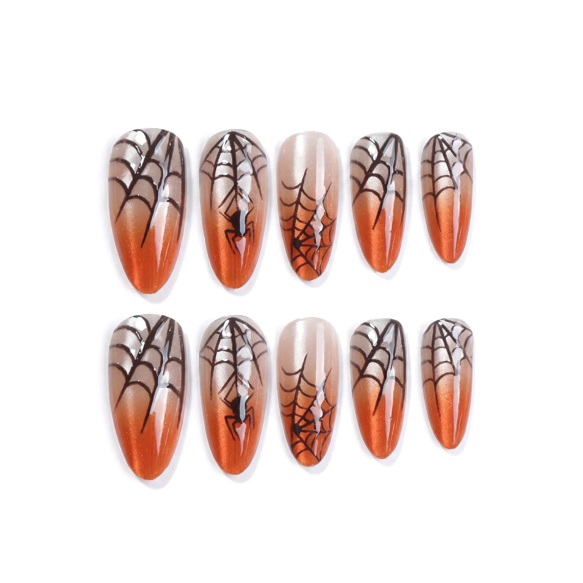 Pumpkin Web | Orange Cat-Eye Velvet Medium Almond Press-On Nails - SE-HA-F005