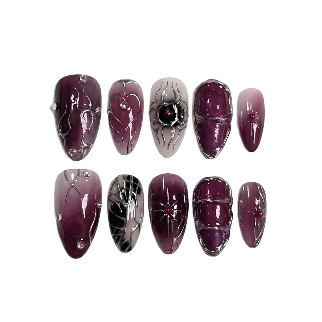Midnight Talisman | Plum Chrome Eye Amulet Medium Almond Press-On Nails - SE-HA-F007