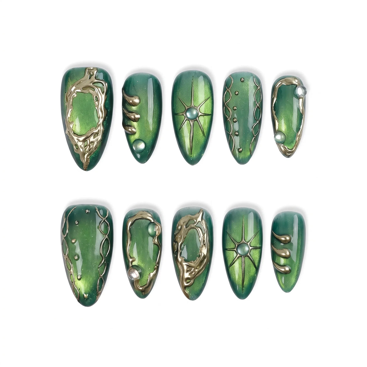 Emerald Alchemy | Emerald Cat-Eye Gold Medium Almond Press-On Nails - SE-HA-F008