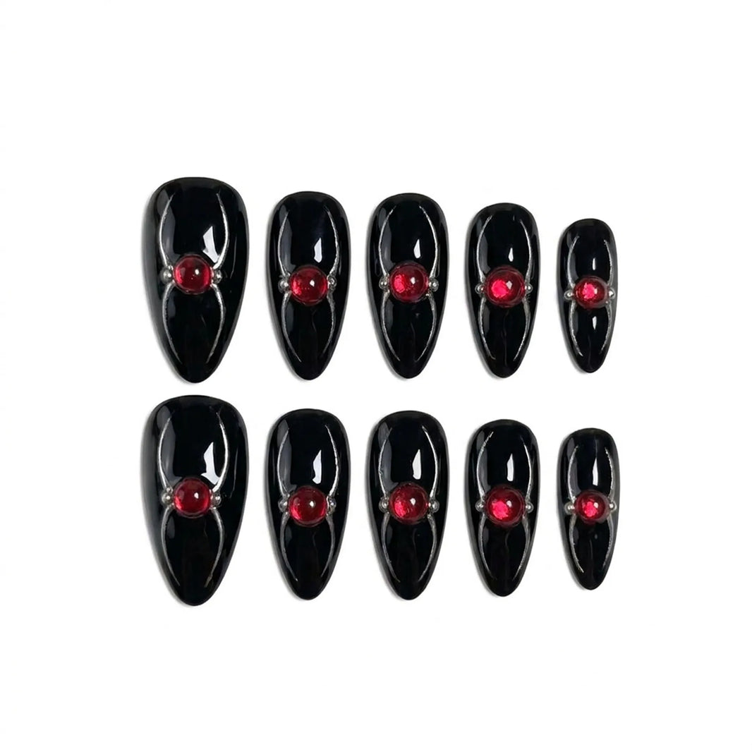 Ruby Arachnid | Black Chrome Ruby Jewel Medium Almond Press-On Nails - SE-HA-F012