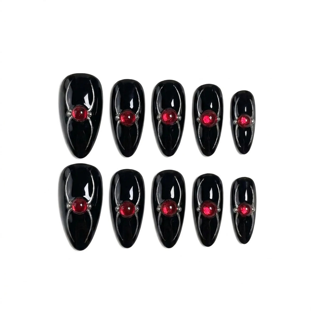 Ruby Arachnid | Black Chrome Ruby Jewel Medium Almond Press-On Nails - SE-HA-F012