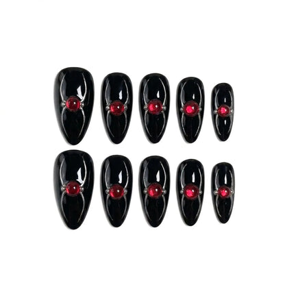 Ruby Arachnid | Black Chrome Ruby Jewel Medium Almond Press-On Nails - SE-HA-F012