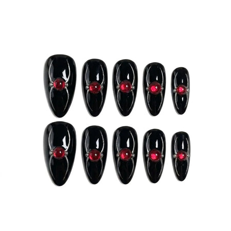 Ruby Arachnid | Black Chrome Ruby Jewel Medium Almond Press-On Nails - SE-HA-F012