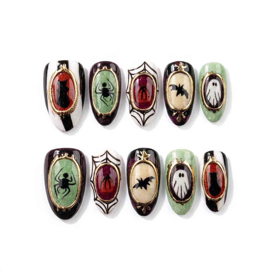 Haunted Cameo | Vintage Gold Portrait Medium Oval Press-On Nails - SE-HA-F006