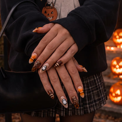Ghostly Amber | Amber Marble Ghost Medium Almond Press-On Nails - NA-HA-F001