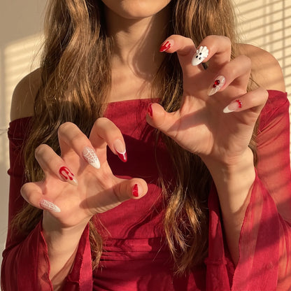 Crimson Phantom | Blood Drip Ghost Medium Almond Press-On Nails - NA-HA-F002