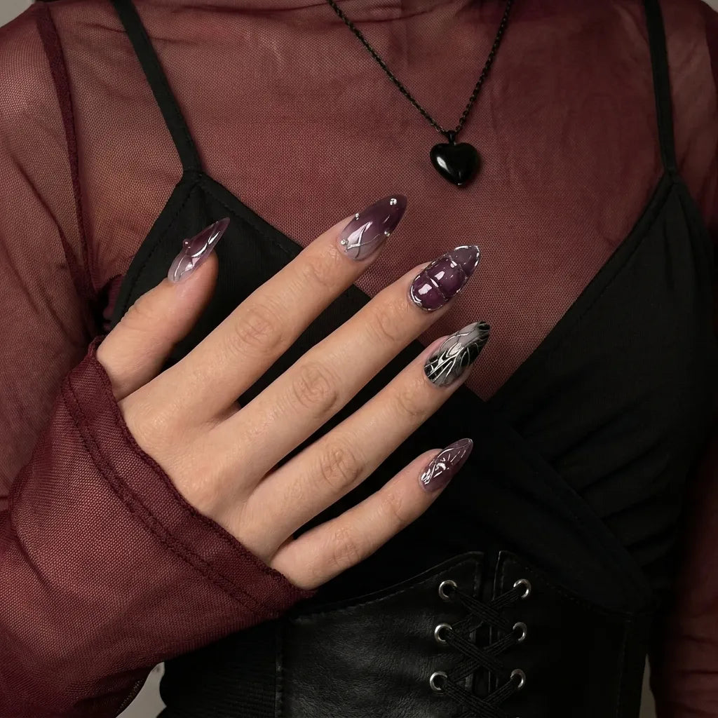 Midnight Talisman | Plum Chrome Eye Amulet Medium Almond Press-On Nails - SE-HA-F007