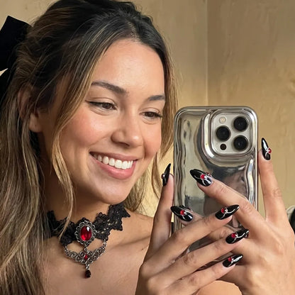 Ruby Arachnid | Black Chrome Ruby Jewel Medium Almond Press-On Nails - SE-HA-F012