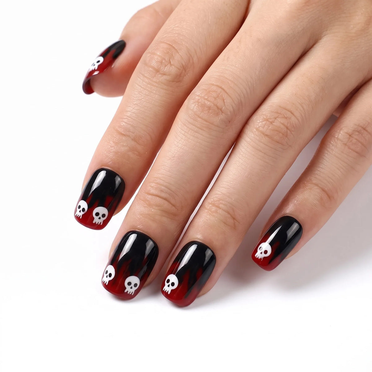 Skull Flare | Crimson Flame Skull Short Square Press-On Nails - SE-HA-F009