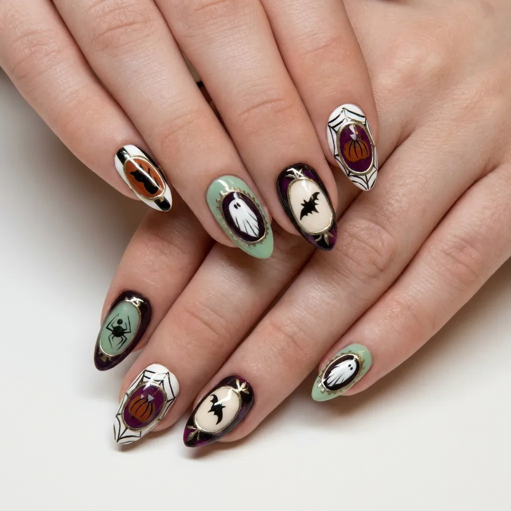 Haunted Cameo | Vintage Gold Portrait Medium Oval Press-On Nails - SE-HA-F006