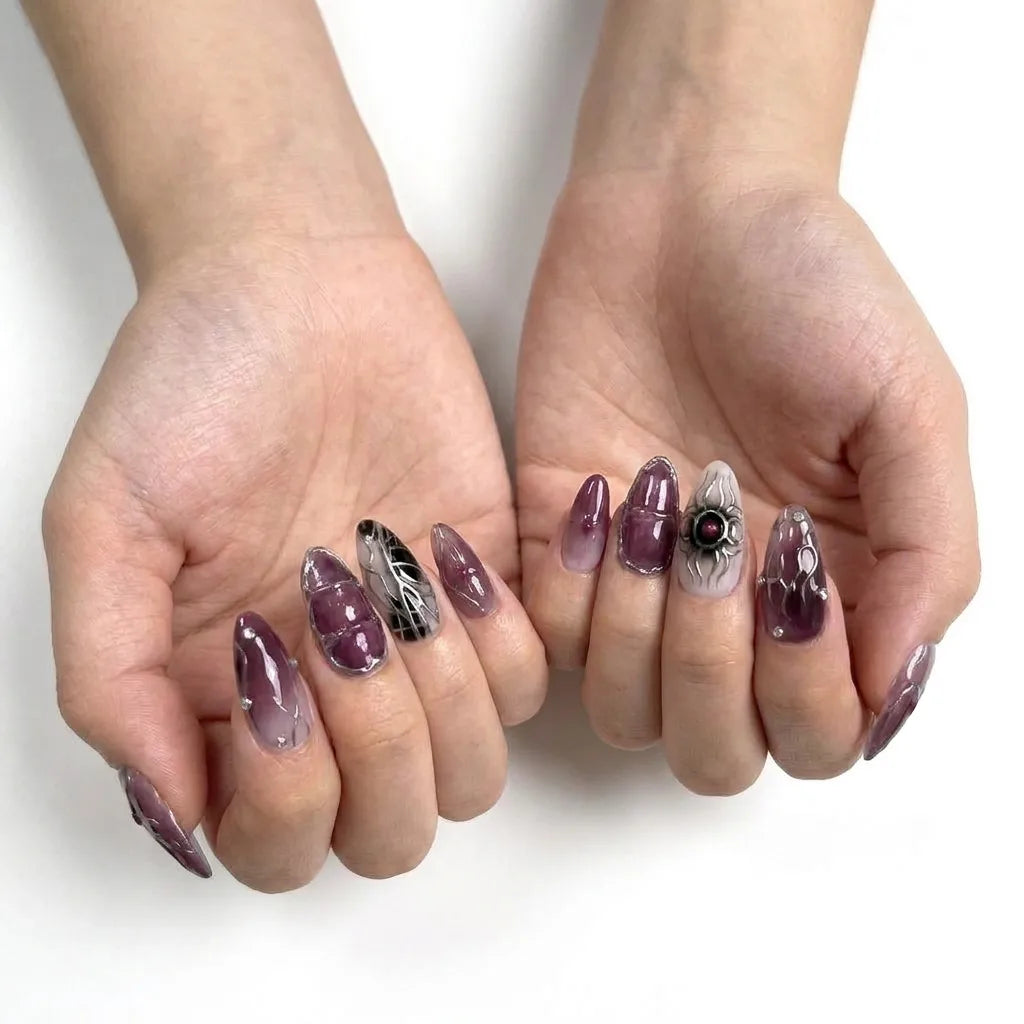 Midnight Talisman | Plum Chrome Eye Amulet Medium Almond Press-On Nails - SE-HA-F007