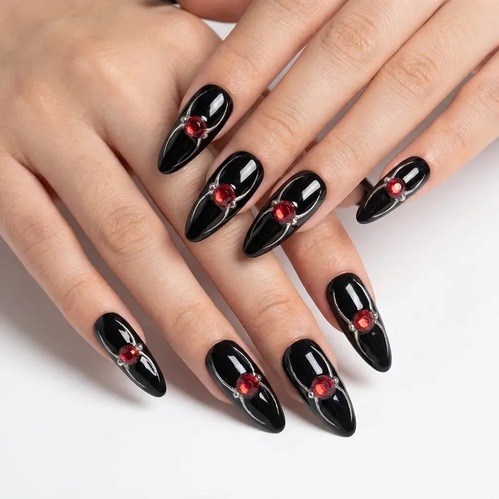 Ruby Arachnid | Black Chrome Ruby Jewel Medium Almond Press-On Nails - SE-HA-F012