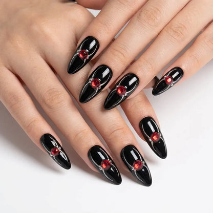 Ruby Arachnid | Black Chrome Ruby Jewel Medium Almond Press-On Nails - SE-HA-F012