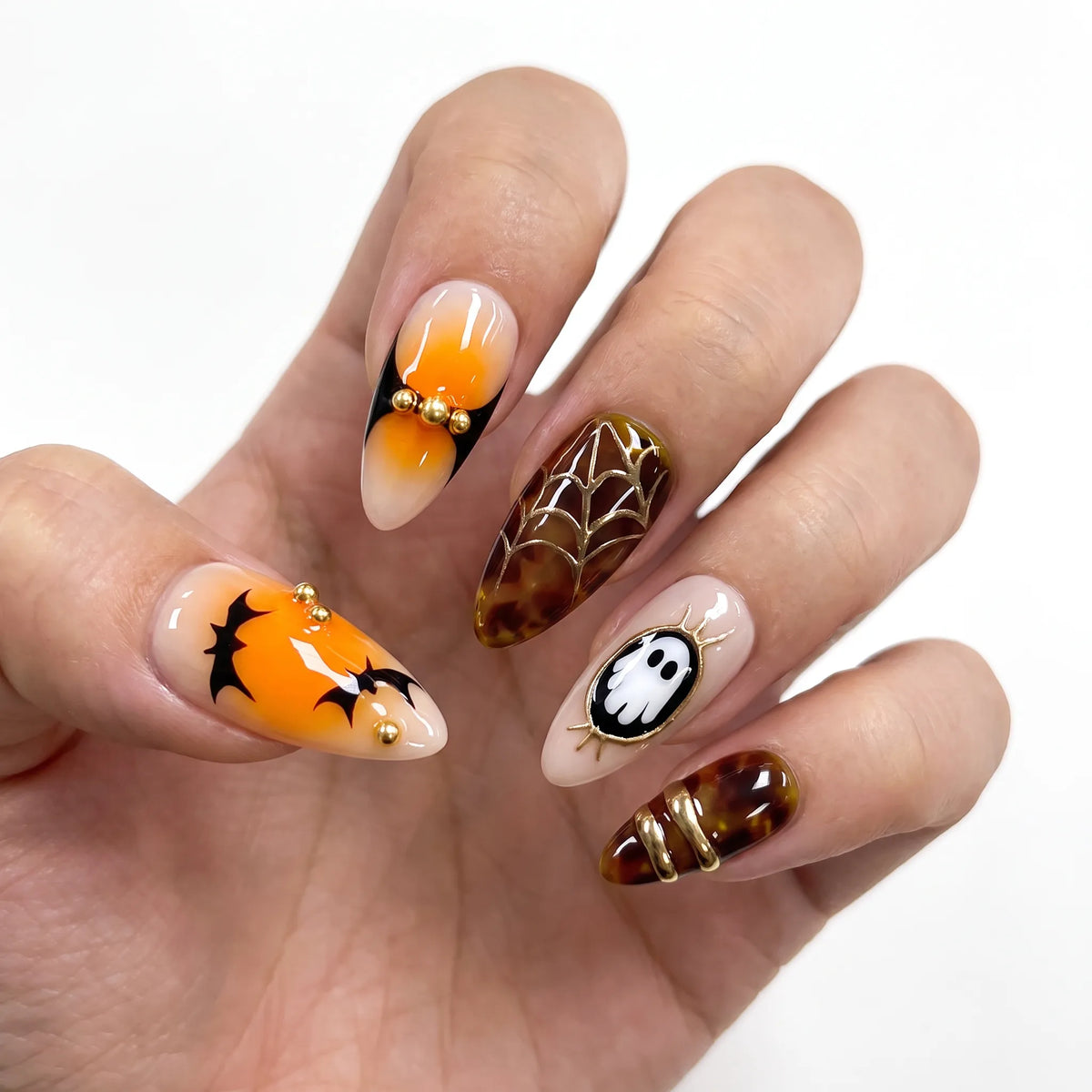 Ghostly Amber | Amber Marble Ghost Medium Almond Press-On Nails - NA-HA-F001