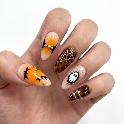 Ghostly Amber | Amber Marble Ghost Medium Almond Press-On Nails - NA-HA-F001