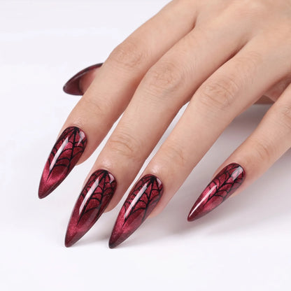 Vampire Velvet | Ruby Cat-Eye Spiderweb Medium Stiletto Press-On Nails - SE-HA-F011