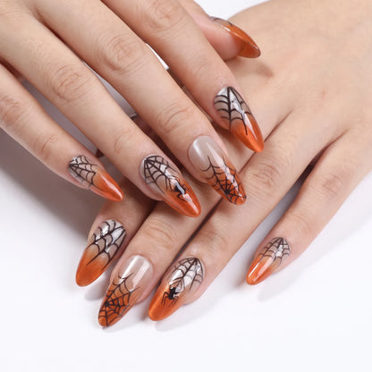Pumpkin Web | Orange Cat-Eye Velvet Medium Almond Press-On Nails - SE-HA-F005