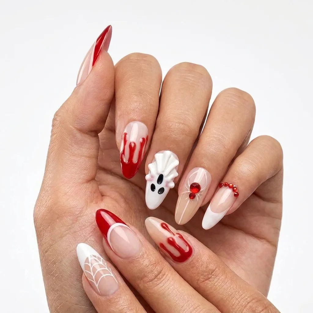 Crimson Phantom | Blood Drip Ghost Medium Almond Press-On Nails - NA-HA-F002