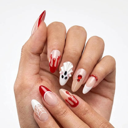 Crimson Phantom | Blood Drip Ghost Medium Almond Press-On Nails - NA-HA-F002