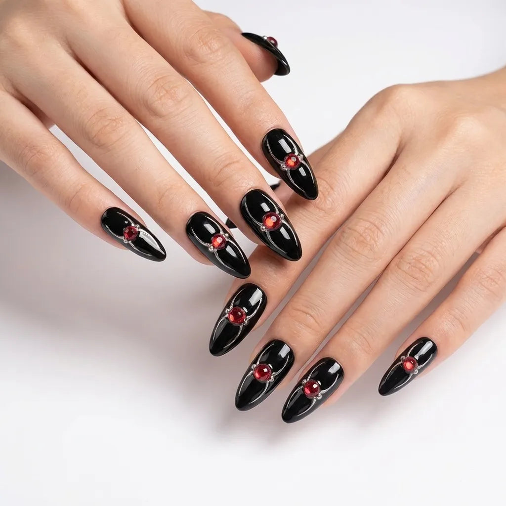 Ruby Arachnid | Black Chrome Ruby Jewel Medium Almond Press-On Nails - SE-HA-F012