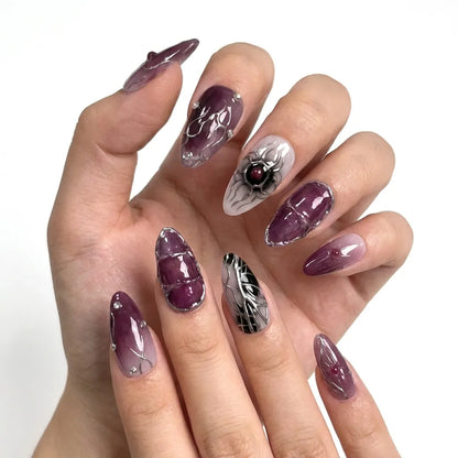 Midnight Talisman | Plum Chrome Eye Amulet Medium Almond Press-On Nails - SE-HA-F007