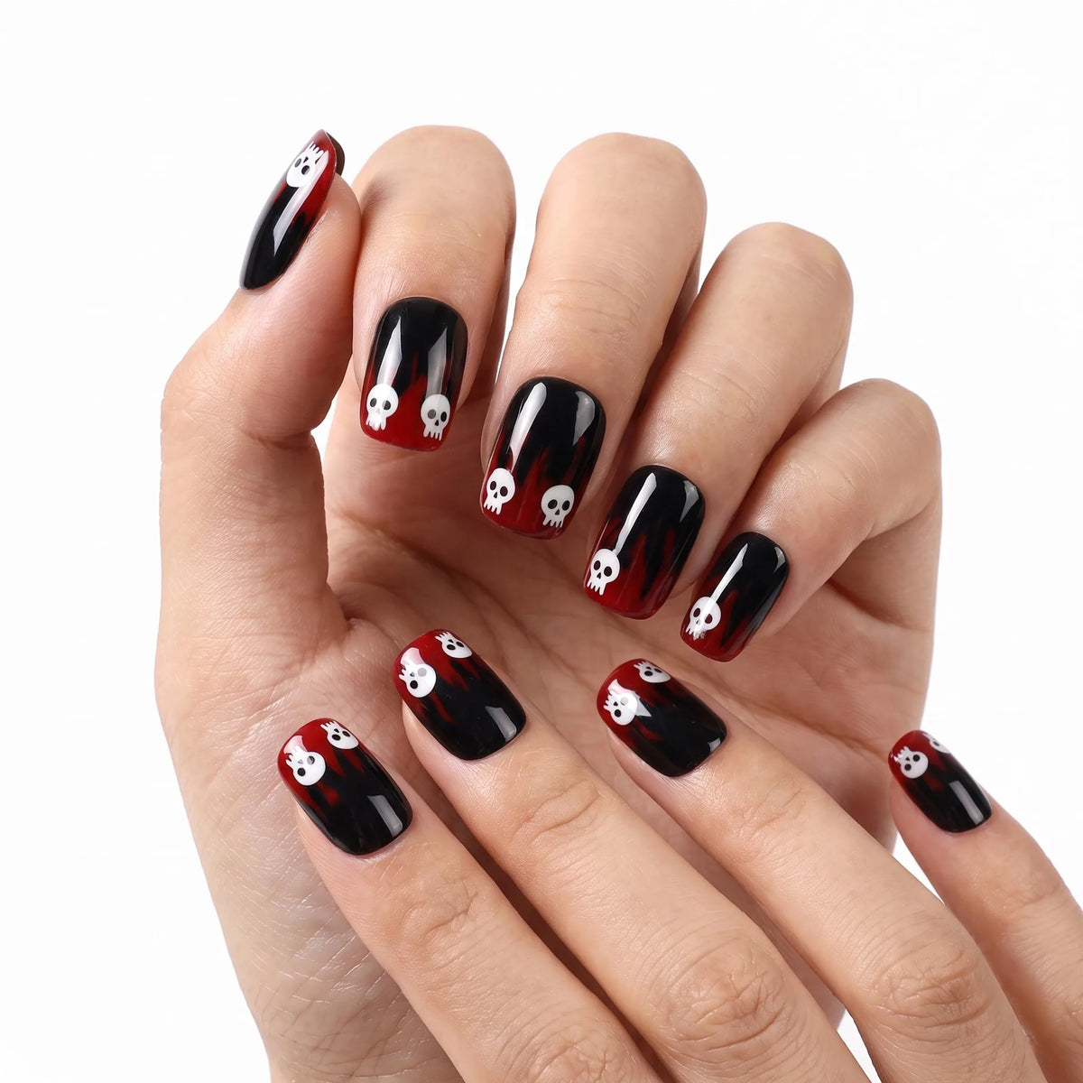 Skull Flare | Crimson Flame Skull Short Square Press-On Nails - SE-HA-F009