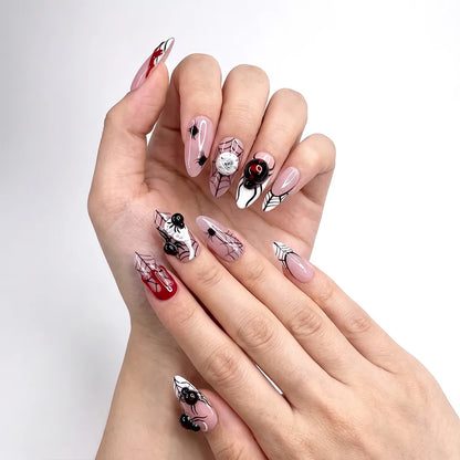 Widow's Lair | 3D Spider Blood Drip Medium Almond Press-On Nails - SE-HA-F004