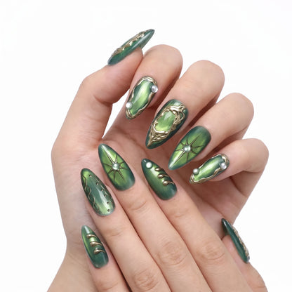 Emerald Alchemy | Emerald Cat-Eye Gold Medium Almond Press-On Nails - SE-HA-F008