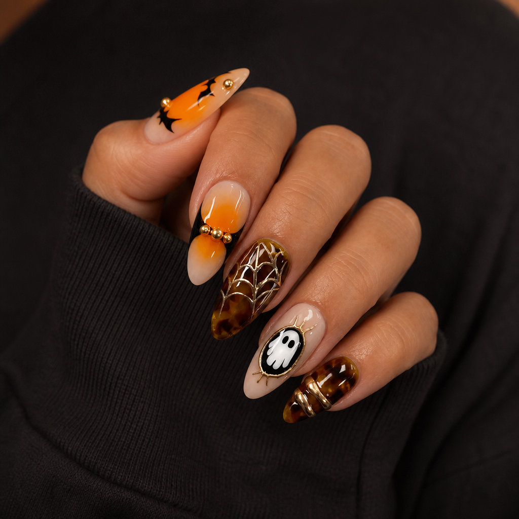 Ghostly Amber | Amber Marble Ghost Medium Almond Press-On Nails - NA-HA-F001