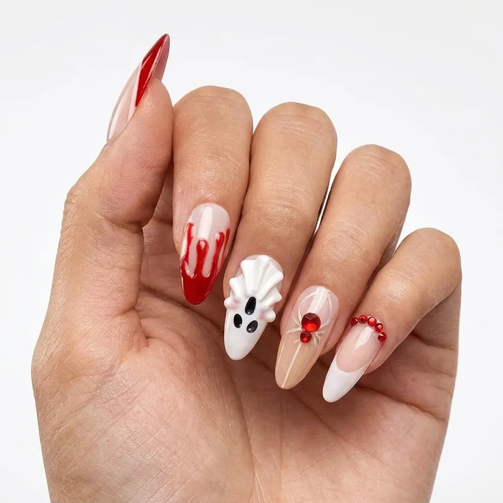 Crimson Phantom | Blood Drip Ghost Medium Almond Press-On Nails - NA-HA-F002
