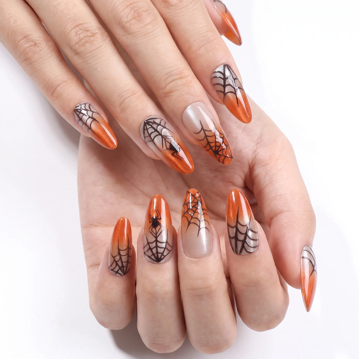 Pumpkin Web | Orange Cat-Eye Velvet Medium Almond Press-On Nails - SE-HA-F005