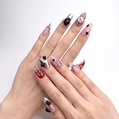 Widow's Lair | 3D Spider Blood Drip Medium Almond Press-On Nails - SE-HA-F004