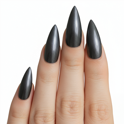 Model wearing Black Dragon Claw almond press-on nails — lifestyle close-up | GlossyMuse