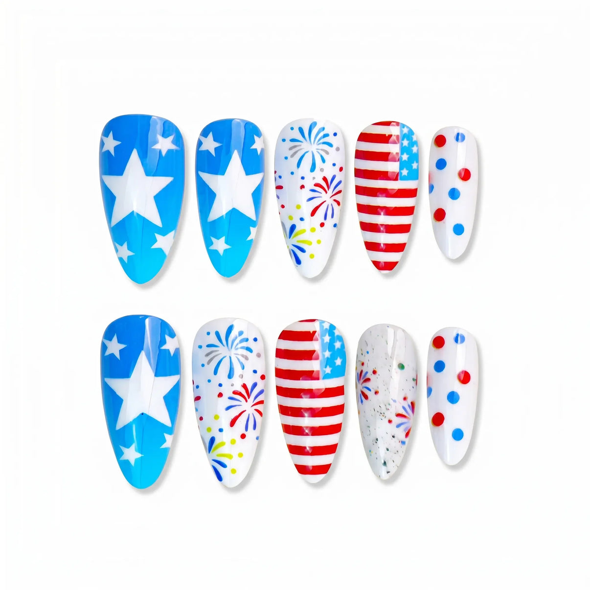 Victory Lap Americana Match Almond Long Press on nail - USA Stars Fireworks Stripes Celebration
