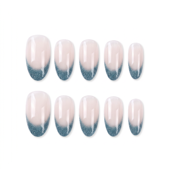 Cool Calm Aqua Whisper Oval Medium Press on nail - Nude Aqua Teal Glitter Ombre Tips