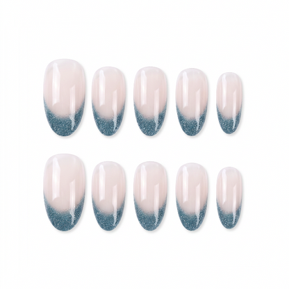 Cool Calm Aqua Whisper Oval Medium Press on nail - Nude Aqua Teal Glitter Ombre Tips