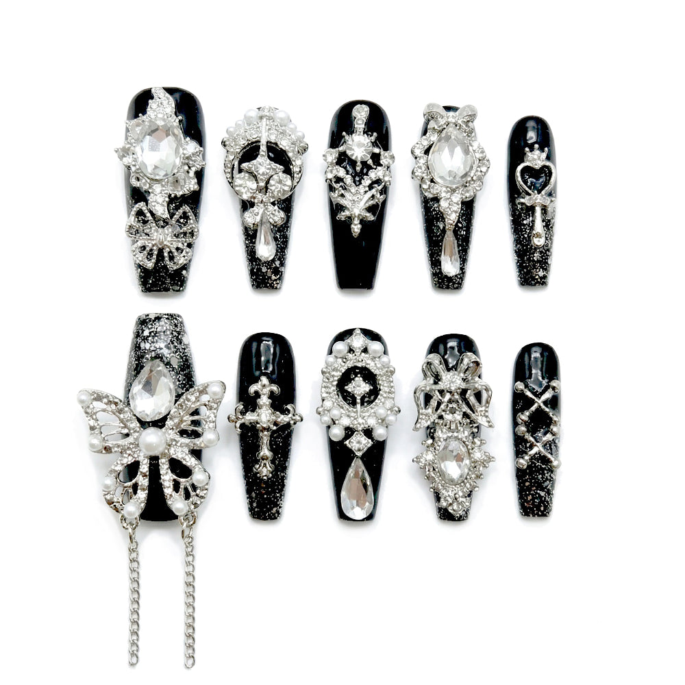 Black Charm Muse almond medium handcrafted press-on nails — front view | GlossyMuse