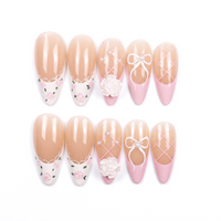 Timeless | Blossom Ribbon Tips Almond Long Press on nail - Rose Bow Wedding Set
