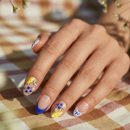 Model wearing Blue Blossom Fizz - 24PCS almond press-on nails — lifestyle close-up | GlossyMuse