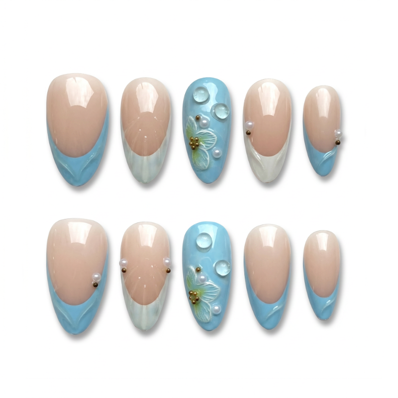 Coastal Dream Blue Pearl Coast Almond Medium Press on nail - Nude Blue French Tip 3D Floral Pearl Summer