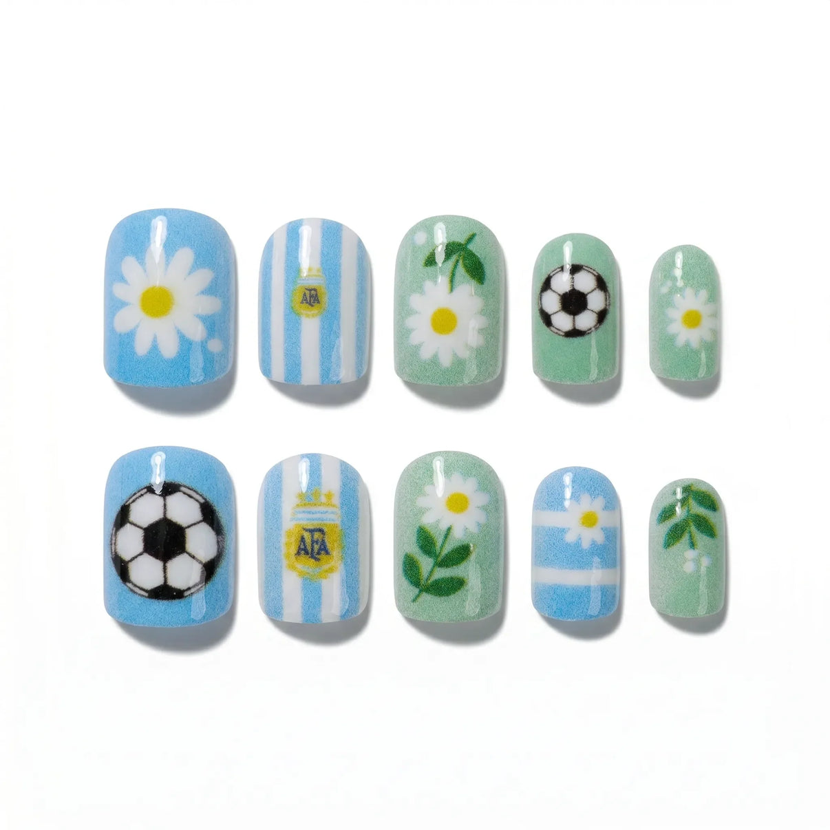 Stadium Vibes Blue Stripe Spirit Square Short Press on nail - Argentina Flag Daisy Football Velvet